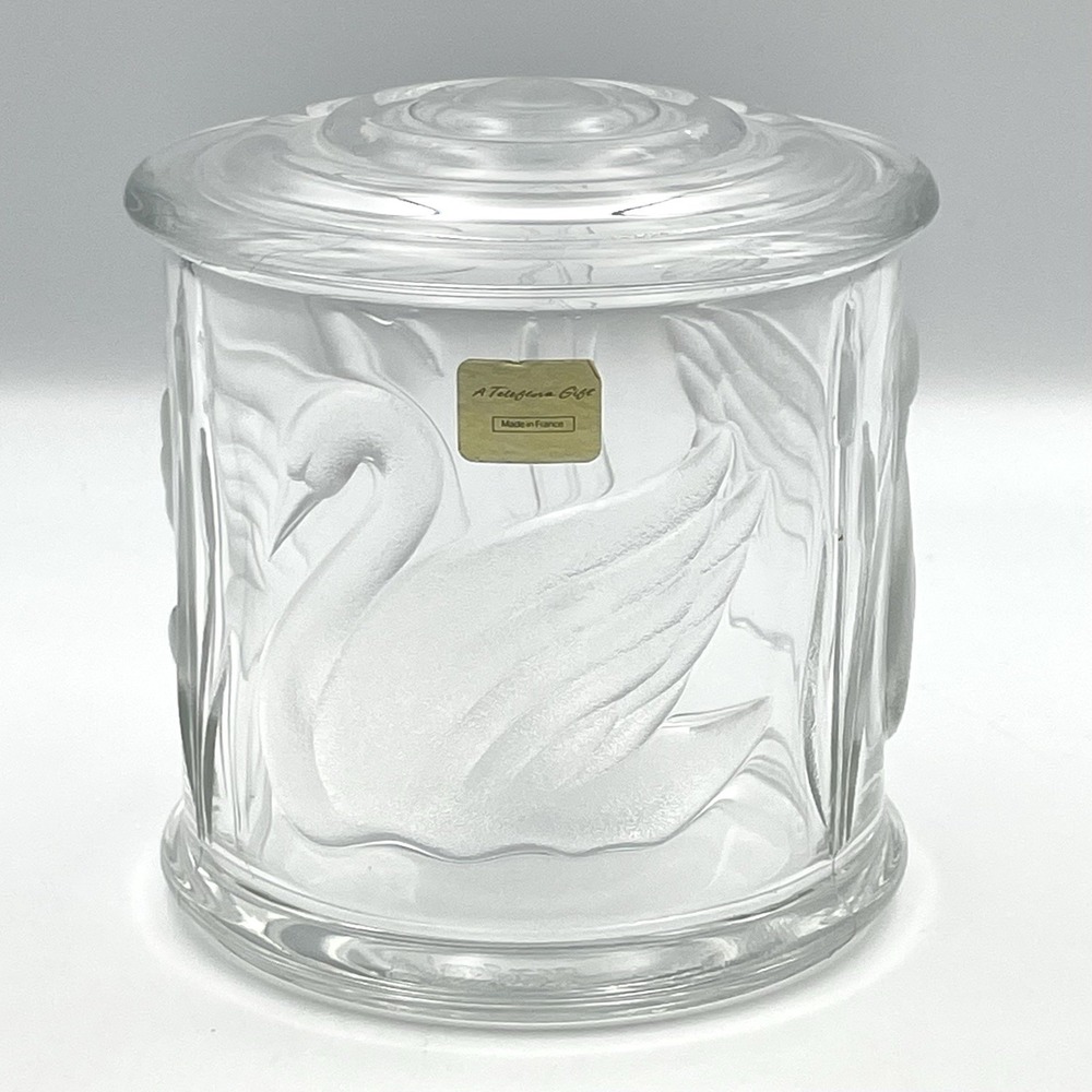 Vintage 1990s Teleflora France Frosted Swan Glass Canister Jar w Lid 4.5"